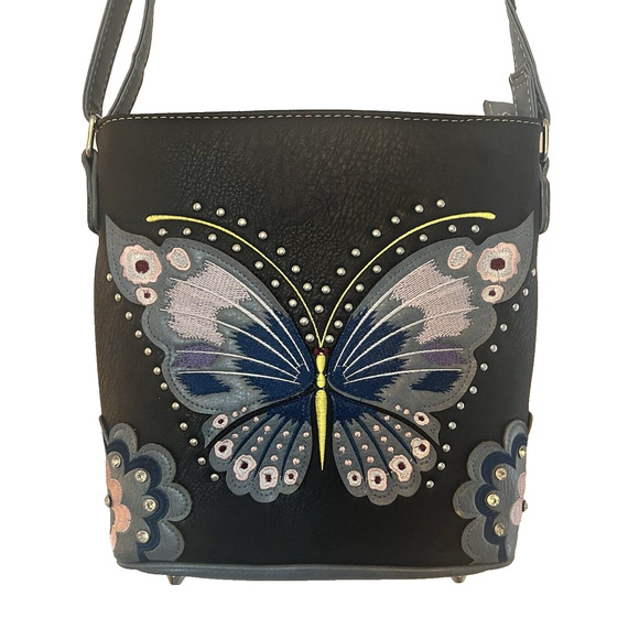Concealed Carry Leather Blue Black Handbag Purse Embroidered Butterfly & Flowers - Picture 2 of 10